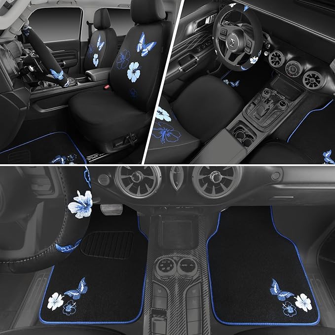 CAR PASS Blue Butterfly Car Seat Covers Full Set, Embroidered Flower Waterproof Car Floor Mats Carpet, Butterflies Steering Wheel Cover for Universal Car Accessories Interior Sets (Black and Blue)