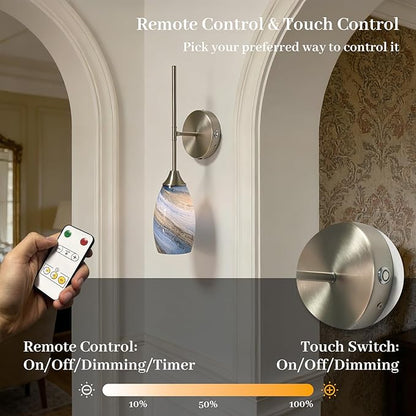 Brushed Nickel Wireless Battery Operated Wall Sconces Set of 2, Rechargeable Wall Light with Touch & Remote Control, Dimmable 3000K–6000K, Hand-Blown Glass Shade for Bedroom Living Room