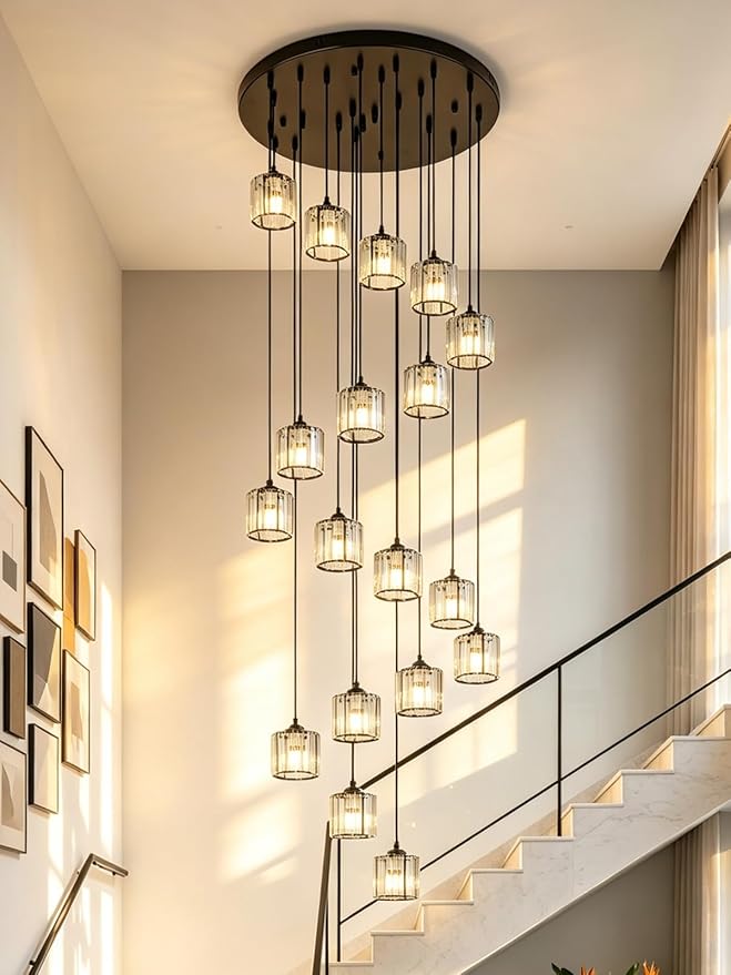 Long Chandeliers for High Ceilings,Modern Crystal Pendant Light,Raindrop Drop Lamp,Hanging Flush Mount Lighting Fixtures for Spiral Staircase,Foyer,Entryway,Living Room,Black (18 Lights)