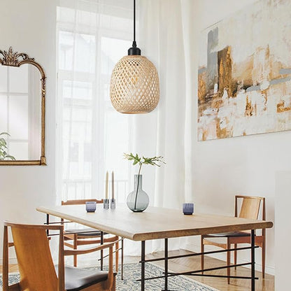 1pcs Hand Woven Bamboo Boho Chic Pendant Light,Adjustable Cord Bamboo Rattan Ceiling Hanging Light for Dining Room Bar Cafe Restaurant Craft Room