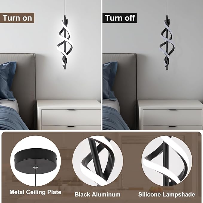 Modern LED Pendant Light Fixtures 6000K Pendant Lights Black Hanging Lamp for Dining Room Bedroom Living Room (1 Pack)
