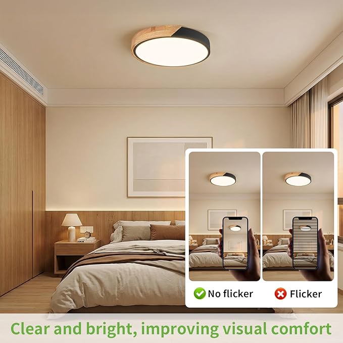 Modern LED Ceiling Light for Bedroom: Wood Flush Mount Light Fixture with Acrylic Lampshade - 3000K Not Dimmable Black Overhead Ceiling Lamps for Kitchen Hallway Living Room (11.8" 2 Pack)
