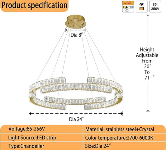 D24'' Modern Gold Crystal Ring Chandeliers for Living Room Dinning Room Crystal Pendant Light Dimmable 3000k-6000k