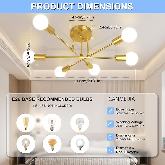 CANMEIJIA Modern Sputnik Chandelier, Ceiling Light Fixture Flush Mount 6-Lights Gold Chandeliers for Living Room Bedroom Dining Room Kitchen, Mid Century Chandeliers, E26 Base, Bulbs Not Included