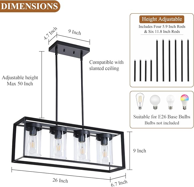 Modern 4-Light Linear Dining Room Light Fixture, Black Rectangle Farmhouse Chandeliers with Clear Glass Shades, Kitchen Island Lighting Fixtures Over Table Ceiling Hanging Pendant Lights