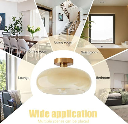 Brass Flush Mount Ceiling Light Mid Century Modern Ceiling Light fixtures Brushed Gold Milk Yellow Glass Semi Flush Mount Ceiling Light Farmhouse Hallway Dining Room Ceiling Lamp