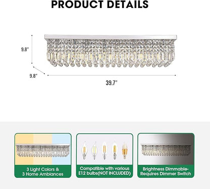 Modern Crystal Chandeliers for Dining Room Light Fixture, 8-Light Rectangle Chandelier Ceiling Light for Kitchen Island Living Room, L39.4 Inch, Chrome Finish