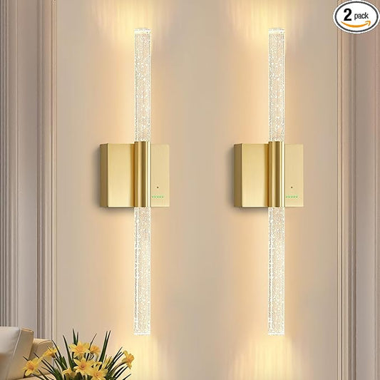 28” Battery Operated Wall Sconces Set of 2, 8000mAh Rechargeable Battery Powered Wall Light with No Hardwired, Extra Large Dimmable Led Lamp Fixtures for Bathroom Cabinet Study Room, Gold
