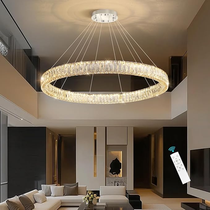HAIXIANG Modern Crystal Chandelier Dimmable Large Ring LED Pendant Lights Adjustable Glam Chandeliers Lighting Fixtures for Dining Room Living Room Bedroom Silver Light