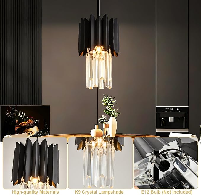1-Light Modern Semi Flush Mount Ceiling Pendant Light Fixture, Round Pendant Lights Kitchen Island, Black Crystal Chandelier for Living Room Bedroom Hallway Entryway