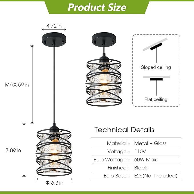 Hammered Glass Pendant Light, Black Metal Spiral Cage Hanging Lamp, Adjustable Height Modern Hanging Light Fixture for Kitchen Island, Dining Room, Living Room, Hallway, Entryway