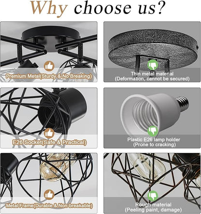 8 Lights Adjustable Multi-Directional Black Light Fixtures, Semi Flush Mount Ceiling Light, Kitchen Light Fixtures Track Lighting Fixtures with Metal Cage Industrial Spotlight Fixtures for Dining Room
