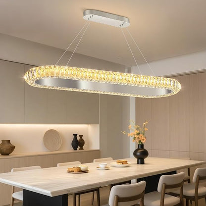 40'' Oval Ring Crystal Chandelier Modern LED Dimmable Ring Pendant Light Chandelier for Dining Room Living Room Silver