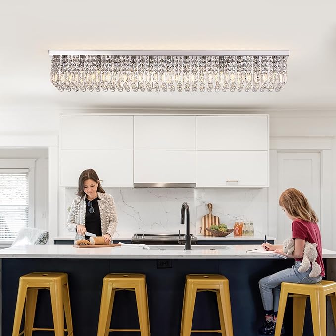 Large Modern Crystal Chandeliers for Dining Room Light Fixture, 13-Light Rectangle Chandelier Ceiling Light for Kitchen Island Living Room, L59 Inch, Chrome Finish