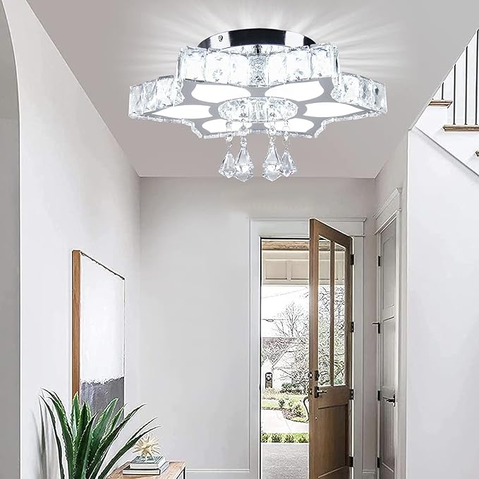 CLAIRDAI 16.1" Crystal Ceiling Light Fixture Modern Crystal Chandelier Flower LED Chandeliers Flush Mount Ceiling Light for Bedroom Dining Room Living Room (6500K Cool White)