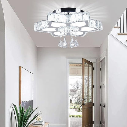CLAIRDAI 16.1" Crystal Ceiling Light Fixture Modern Crystal Chandelier Flower LED Chandeliers Flush Mount Ceiling Light for Bedroom Dining Room Living Room (6500K Cool White)