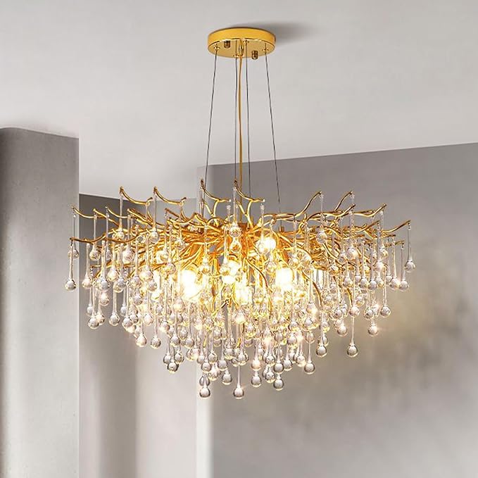 Gold Crystal Chandelier for Dining Room - 23in Modern Raindrop Teardrop Tree Branch Brass Chandeliers for Living Room, Bedroom, Entryway, Foyer, High Ceiling, Bathroom(Bulb not Included)
