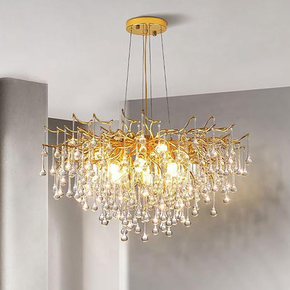 Gold Crystal Chandelier for Dining Room - 23in Modern Raindrop Teardrop Tree Branch Brass Chandeliers for Living Room, Bedroom, Entryway, Foyer, High Ceiling, Bathroom(Bulb not Included)