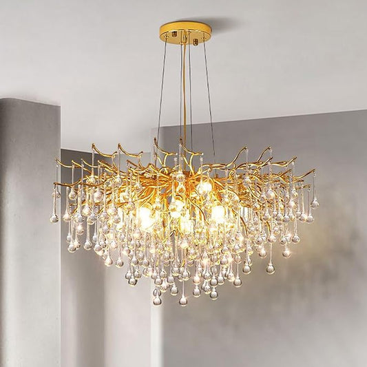 Gold Crystal Chandelier for Dining Room - 23in Modern Raindrop Teardrop Tree Branch Brass Chandeliers for Living Room, Bedroom, Entryway, Foyer, High Ceiling, Bathroom(Bulb not Included)