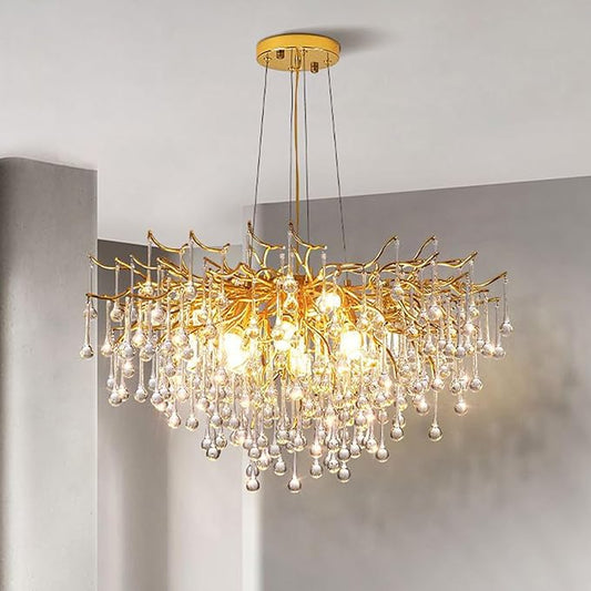 Crystal Chandelier for Dining Room - 31in Modern Farmhouse Crystal Gold Chandelier, Raindrop Tree Branch Chandeliers for Living Room, Bedroom, Entryway, Foyer, High Ceiling(Bulb not Included)