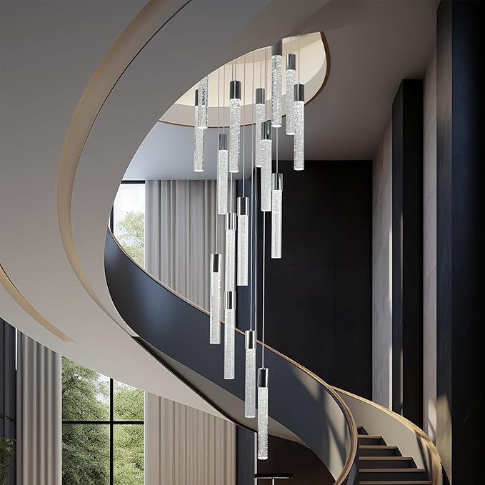 16-Light Chrome Bubble Crystal Chandelier Cool White Spiral Staircase Pendant for High Ceilings Sloped Ceiling Compatible Canopy Adjustable Hanging Height Grand Foyer Entryway