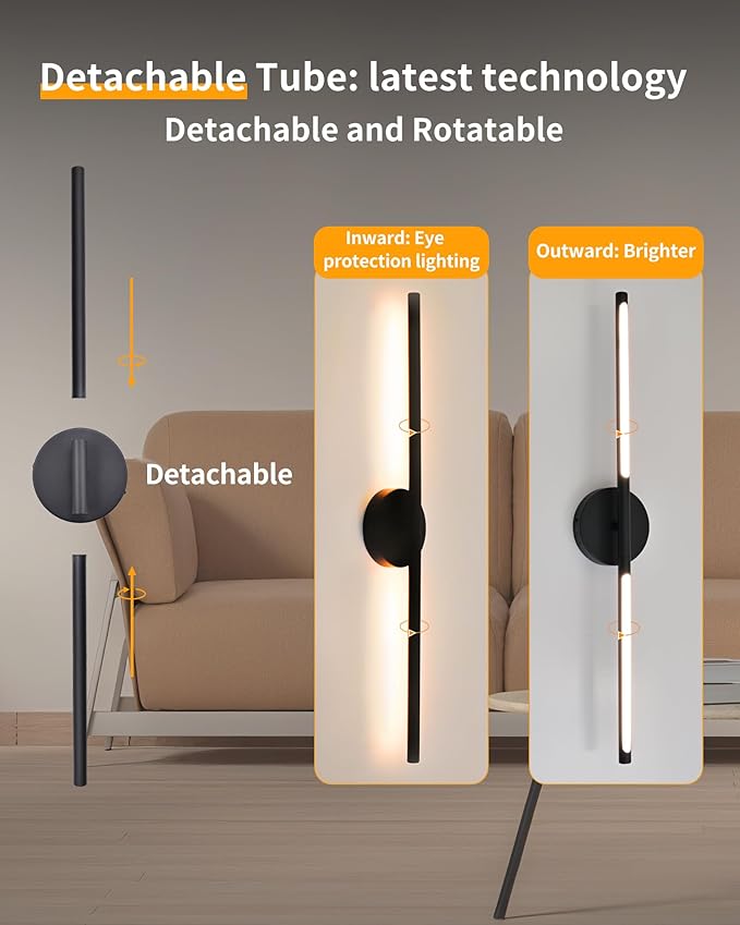 Wireless Wall Sconces Set of 2 ，28Inch Battery Operated wall Lights with Remote Control，360°Rotate Dimmable ledWall Lamps for Living Room, Bedroom and Hallway (Black)