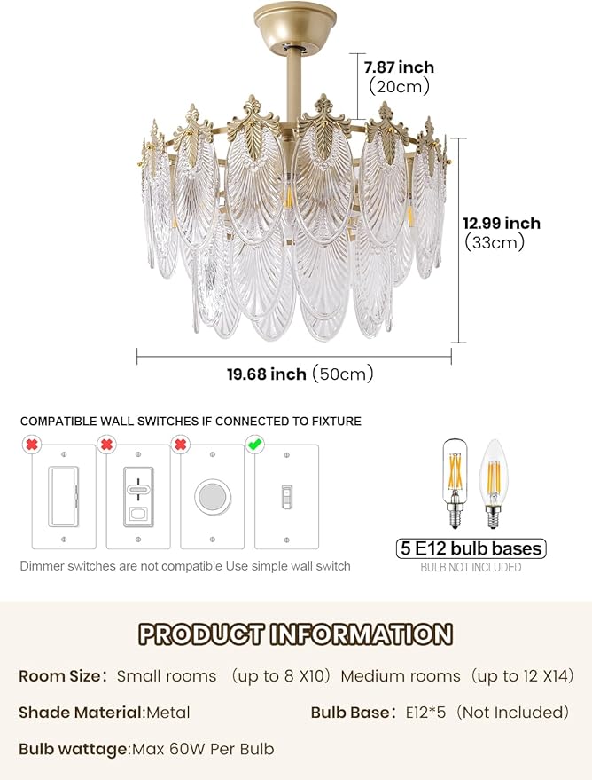 20" Gold Fandelier Ceiling Fan with Light, Gold Crystal Chandelier Ceiling Fans with Lights and Remote Control, Mid Century Enclosed Caged with 6 Speeds for Bedroom, Nursery, Living Room
