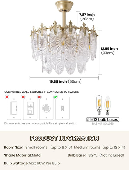 20" Gold Fandelier Ceiling Fan with Light, Gold Crystal Chandelier Ceiling Fans with Lights and Remote Control, Mid Century Enclosed Caged with 6 Speeds for Bedroom, Nursery, Living Room