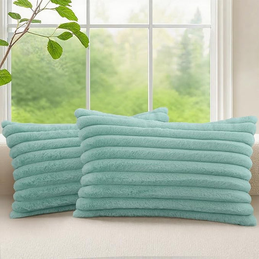 decorUhome Summer Cozy Faux Fur Throw Pillow Covers 12x20 Set of 2 Decorative Soft Plush Striped Lumbar Modern Farmhouse Boho Couch Pillow Cases with Velvet Back for Sofa Bed Living Room, Aqua