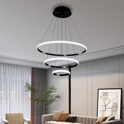 Modern LED Pendant Light, Adjustable Height Circular Entrance Black 3 Ring Circular Chandelier Fixture, Suitable for Restaurants, Kitchens, Islands, Living Rooms, Cafes, Etc. (4000K)