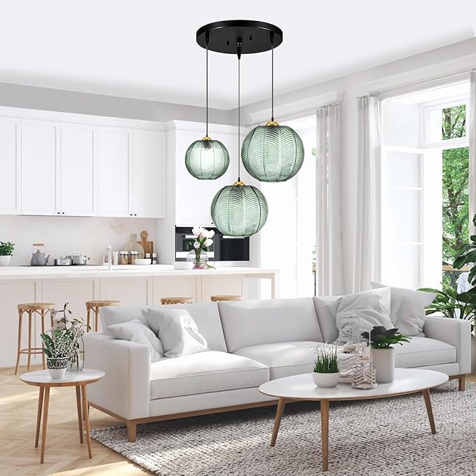 Green Pendant Light, 3 IN 1 Large Glass Pendant Light Fixtures E26 E27 Mid Century Modern Chandelier Ribbed Blown Glass Globe Shade Hanging Light Ceiling Light for Living Room Restaurant Bar,Blue