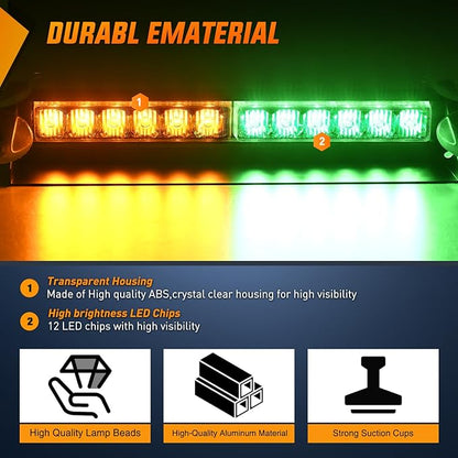 Nilight 12LED Traffic Advisor Strobe Light Bar Amber Green Emergency Warning Hazard Safety Dash Front/Rear Windshield Flashing Lights for Cars Trucks Police Firefighter Plow Construction Vehicles