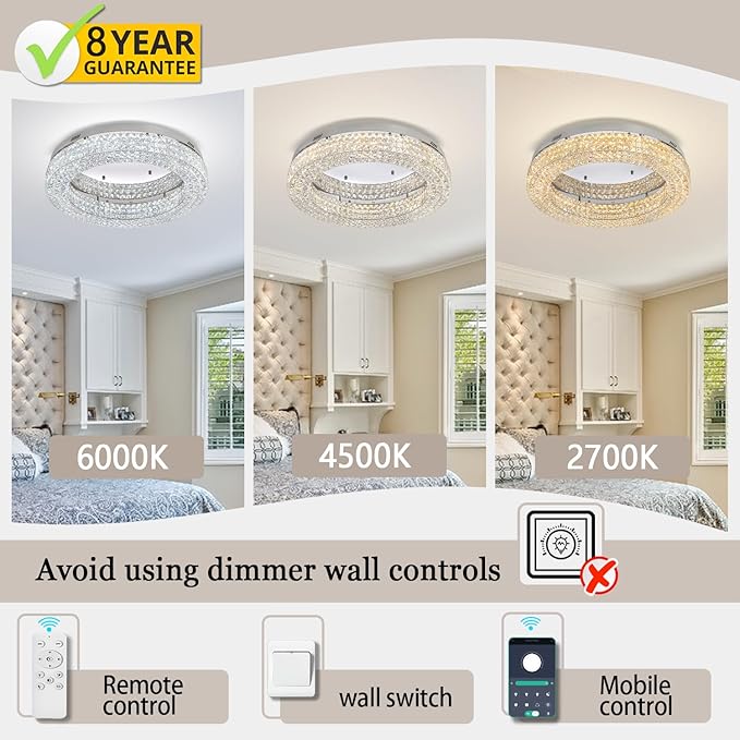 ykolupty 24" Crystal Chandeliers,Round Chandelier for Living Room Modern Ceiling Chandelier Flush Mount Ceiling Light Fixtures for Foyer Bedrooms Dining Room Hallway