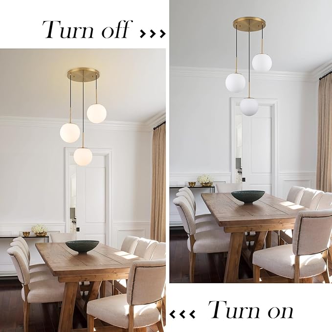 3-Light Cluster Pendant Lights, Mid Century Modern Globe Cluster Chandelier with Milk Glass, Brass Gold Pendant Lighting for Kitchen Island, Staircase, Dining Room, Living Room