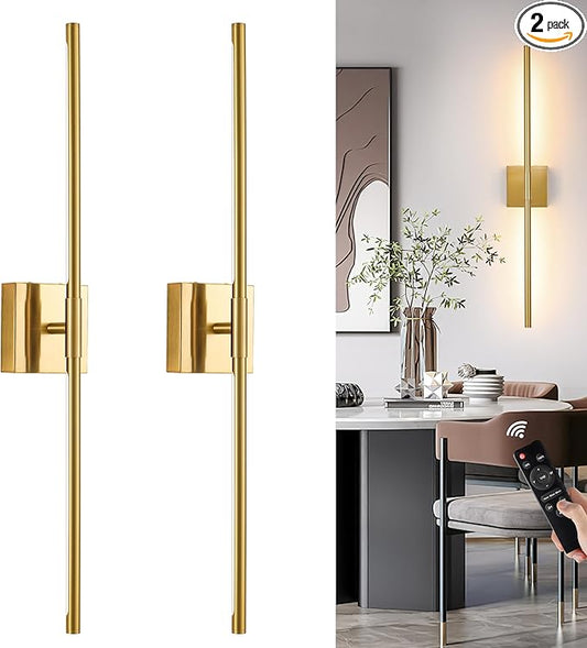 Morauroral Gold Battery Operated Wall Sconces, Dimmable Wall Sconces with Remote Control, Rechargeable Sconces Wall Lighting, 24″ LED Wireless Wall Lights for Bedroom, Living Room, Bathroom, Hallways