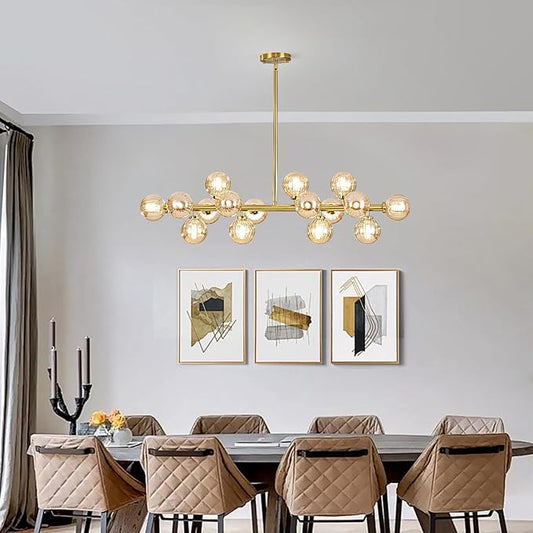 16-Light Globe Sputnik Chandelier, Linear Dining Room Light Fixture Over Table, Mid Century Modern Gold Chandeliers for Dining Living Room, Kitchen Island Lighting (Amber Bubble, 40 Inch)