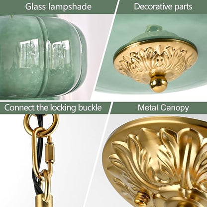 Milk Glass Pendant Light, 15 Inch Green Handblown Shade with Antique Brass Hardware, Adjustable Hanging Rod Vintage Chandelier, Dimmable E26 Base Fixture for Kitchen Island, Dining Room, Livingroom