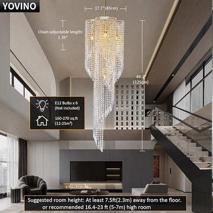 High Ceiling Chandeliers for Entryway Gold Spiral Crystal Chandelier Large Foyer Chandelier 6 Lights Modern Raindrop Chandelier for Villa Staircase, K9 Pendant Light Fixtures D17.7'' x H49.2''