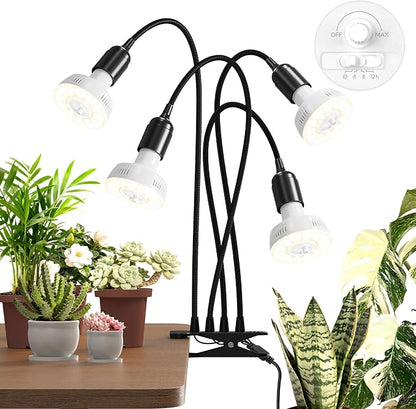 Barrina Orbgrow OG11A4 Clip On Grow Lights for Indoor Plants, Integrated Stepless Dimming & Timing, 4000K 44W(4 x 11W, 400 Watt Equiv), Full Spectrum 4-Gooseneck with E26 Plant Light Bulbs