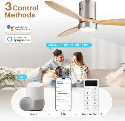 Sofucor 52 Inch Smart Ceiling Fans with Light-Modern Solid Wood Outdoor 3 Blades Ceiling Fan with Light Alexa/Google/APP/Remote Control for Bedroom Living Room Farmhouse,Brushed Nickel&Natural Wood