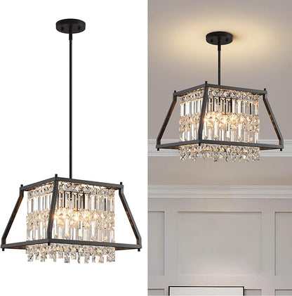 LMQNINE Farmhouse Chandelier - Black Metal Crystal Pendant Light for Kitchen, Dining, Living Room - Flat & Inclined Ceiling (Trapezoid -15.74in)