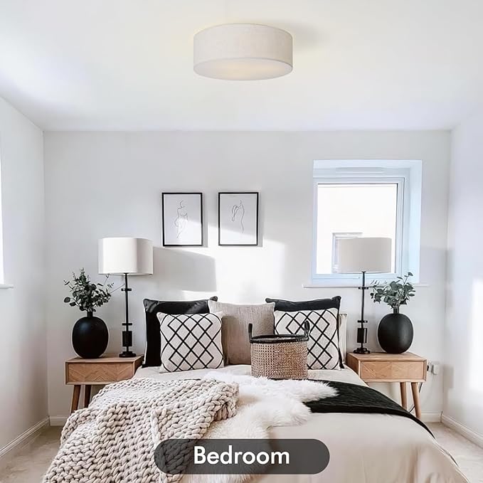 CALOKES 18-Inch Large Flush Mount Ceiling Light Fixture with Fabric Shade, Modern Drum Closed to Ceiling Lighting for Living Dining Room, Bedroom, Kitchen, Foyer - Farmhouse 3-Light Lamp & Chandelier
