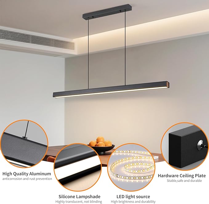 Modern LED Linear Pendant Light, 59IN Ceiling Chandlier Light Fixtures Hanging with Remote Control 3000k-6500K Adjustable Color Temperature Island Light for Dining Room, Kitchen