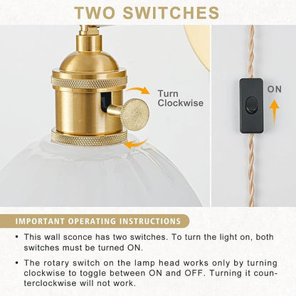 Plug in Wall Sconce, Vintage Sconce Light with Tulip Milk White Glass Lampshade, Bedside Wall Sconce with Switch and Plug in Wall Lamp Cord, Gold Wall Light for Bedroom