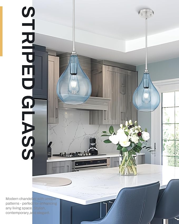 TENGXIN 8 Inch Hanging Pendant Light, Kitchen Island Pendant, Blue Glass, Farmhouse Style, Dining Room, Bedroom