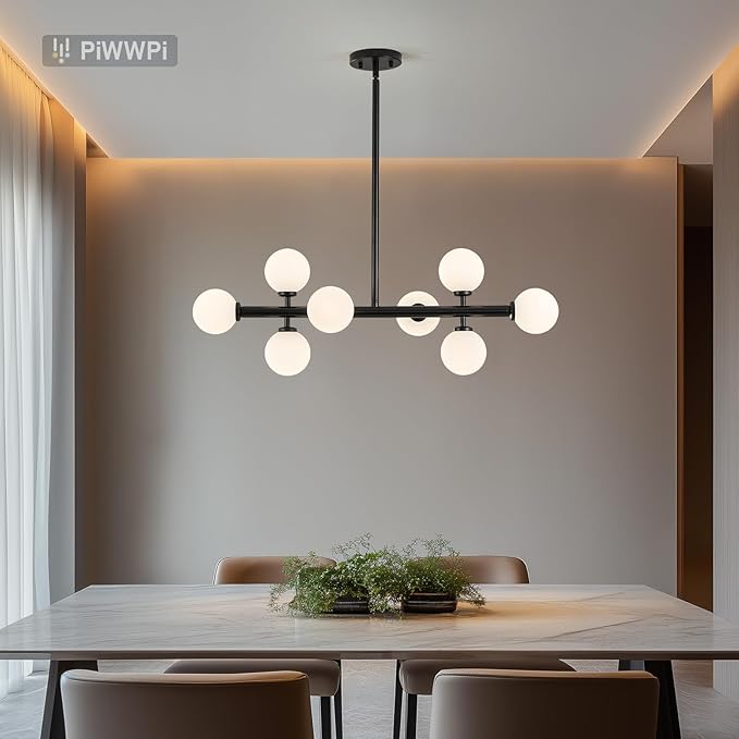 Modern Linear Chandeliers for Dining Room, 8-Light Globe Sputnik Pendant Ceiling Light, Black Dining Room Light Fixture Over Table, Mid Century Glass Milk White Bubble, 31.5 Inch, GC-09