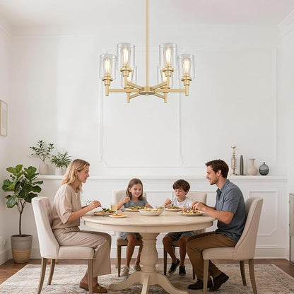 6 Light Gold Chandelier, Farmhouse Chandeliers for Dining Room Light Fixtures Over Table, Hanging Lighting Fixture with Clear Glass Shade for Kitchen Island Living Room Bedroom