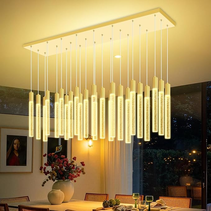 24-Light Rectangular Crystal Chandelier, Large Gold Bubble Crystal Column Pendant Light, Adjustable Height Hanging Chandeliers for Kitchen Island, Living Room, Foyer