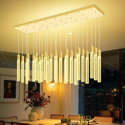 24-Light Rectangular Crystal Chandelier, Large Gold Bubble Crystal Column Pendant Light, Adjustable Height Hanging Chandeliers for Kitchen Island, Living Room, Foyer