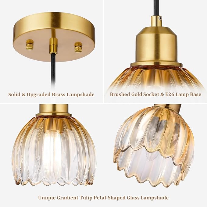 TALOYA Pendant Light with Amber Tulip Glass Lampshade, Brass Vintage Pendant Light Adjustable Hanging Light for Kitchen Island Bedroom Dining Room Hallway& Bar